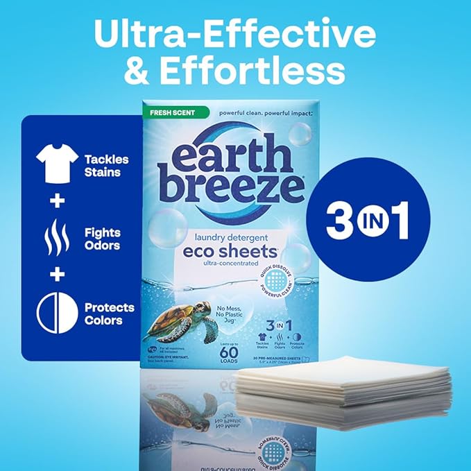 Earth Breeze Laundry Detergent Sheets Fresh Scent - 180 Loads Eco Liquidless Soap - Travel-Friendly for Hot & Cold Cycles, Tackles Tough Stains & Odors - Gentle on Skin, 90 Ct (3 Pack)-Ruum Studio Home