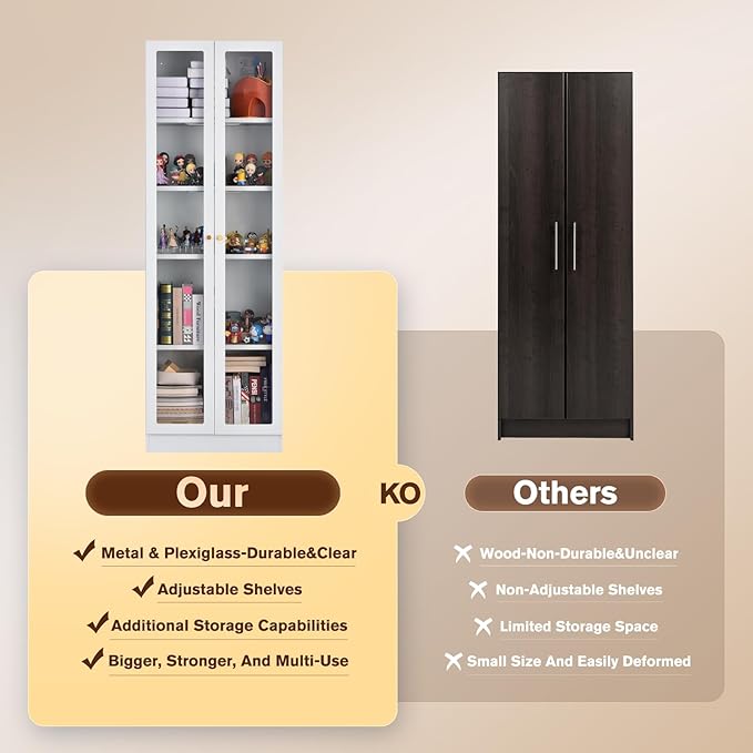 5 Tier Metal Curio Cabinets, Modern Bookshelf Cabinet with 4 Adjustable Shelves, Cabinet Display Case for Home Office, Living Room, Pantry (White-23.54W)-Ruum Studio Home