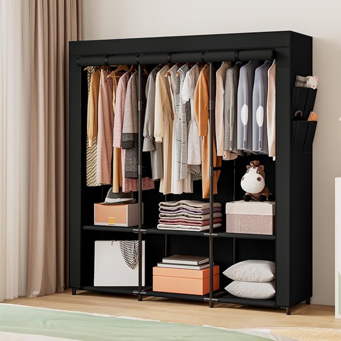 SORCEDAS Portable Closet Wardrobe Storage Organizer Metal Hanging Rack Non-Woven Fabric 50 Inch (Black)-Ruum Studio Home