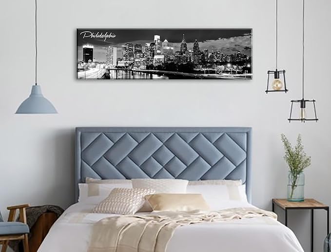 DJSYLIFE Philadelphia Skyline Canvas Art - 13.8"x47.3" Black & White Cityscape Wall Decor, Modern Panoramic Night View Print for Living Room, Office, Bedroom - Ready to Hang-Ruum Studio Home