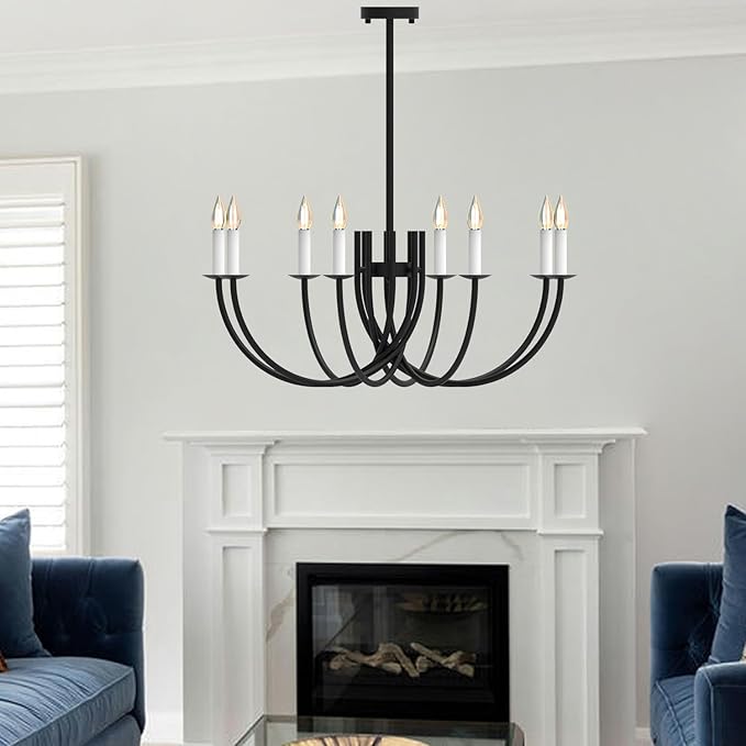 Large Black Chandeliers Light Fixture, Modern Candle Pendant Lighting, Round LED Hanging Lamp Ceiling for Bedroom Living Room Dining Room Kitchen Island Farmhouse (Black-C 8Lights)-Ruum Studio Home