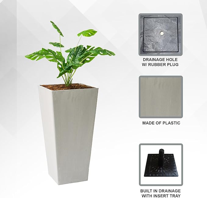 XBrand Modern 30-Inch Tall Square Planter, Tapered, Perfect for Indoor & Outdoor, Patio Decor, Set of 2, Gray-Ruum Studio Home
