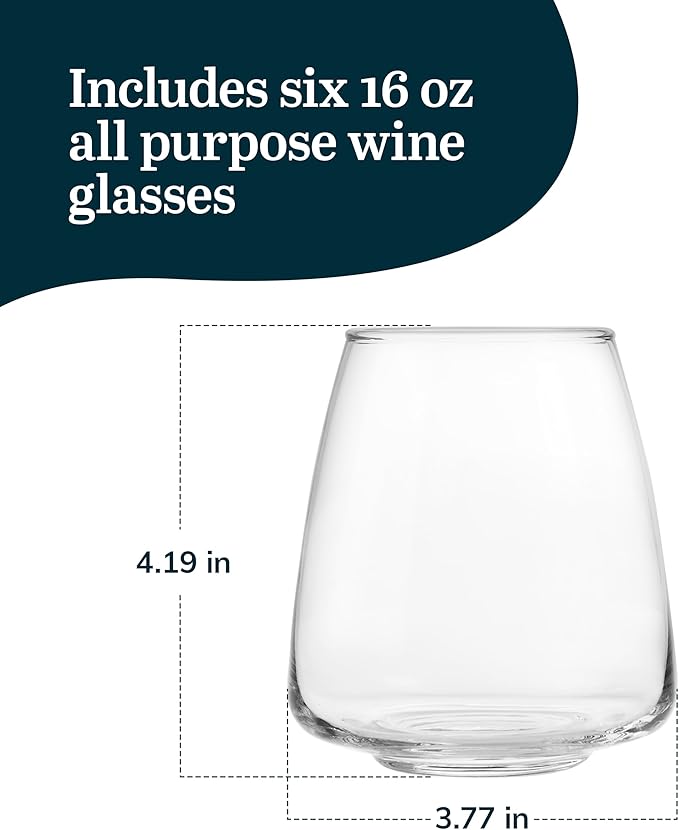 Libbey Stackable Stemless Wine Glasses Set of 6, Tapered Bulb Shaped All Purpose Wine Glass Set, Dishwasher Safe Glass Wine Glasses, Cocktail-Ruum Studio Home