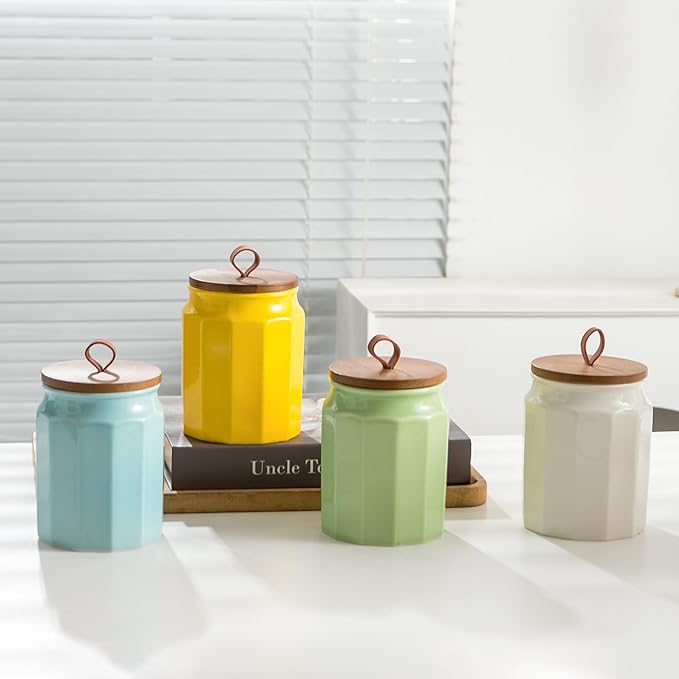 Canister Sets for Kitchen, Kitchen Canisters for Countertop with Airtight Wood Lid, Ceramic Food Storage Containers and Sugar Container for Coffee, Flour, Tea, Candy, Cookie, Spice-Ruum Studio Home