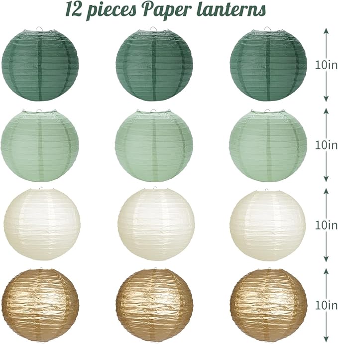 Paper Lanterns Sage Green Gold Round Hanging Chinese Lanterns for Birthday Party Baby Shower Bridal Shower Decorations Pack of 12-Ruum Studio Home