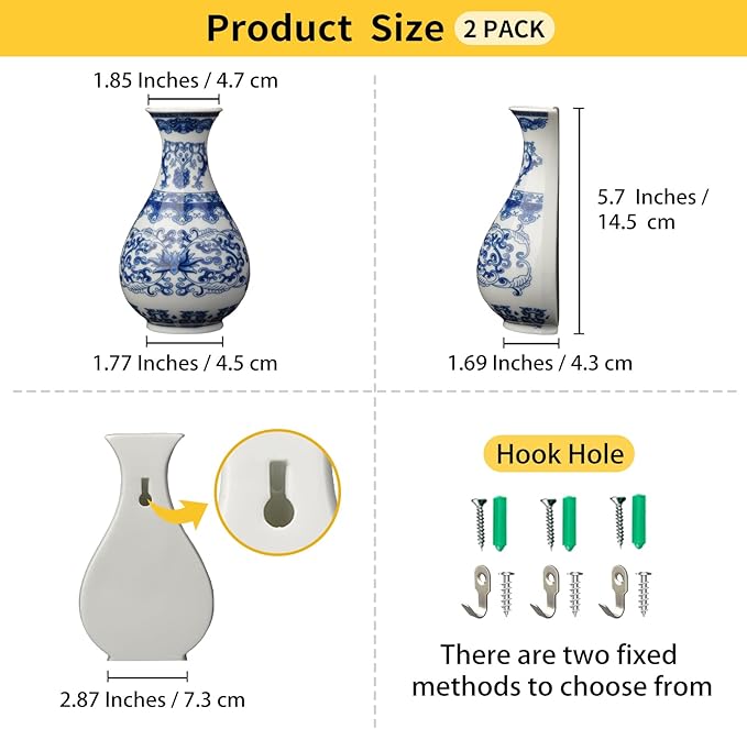 Set of Two Handmade Chinese Blue & White Porcelain Wall Mounted Vases – Chinoiserie Ceramic Flower Vase for Indoor Home Décor, Wall Hanging Vases for Living Room & Bookshelf-Ruum Studio Home