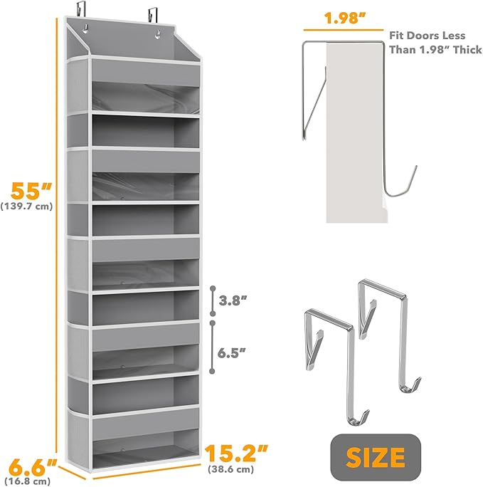 SpaceAid 2 Pack Over The Door Organizer with 5 Large Pockets and 10 Mesh Side Pockets, 5 Layers Door Organizer Hanging with Clear Window for Bedroom, Bathroom, Pantry and Nursery, Gray-Ruum Studio Home