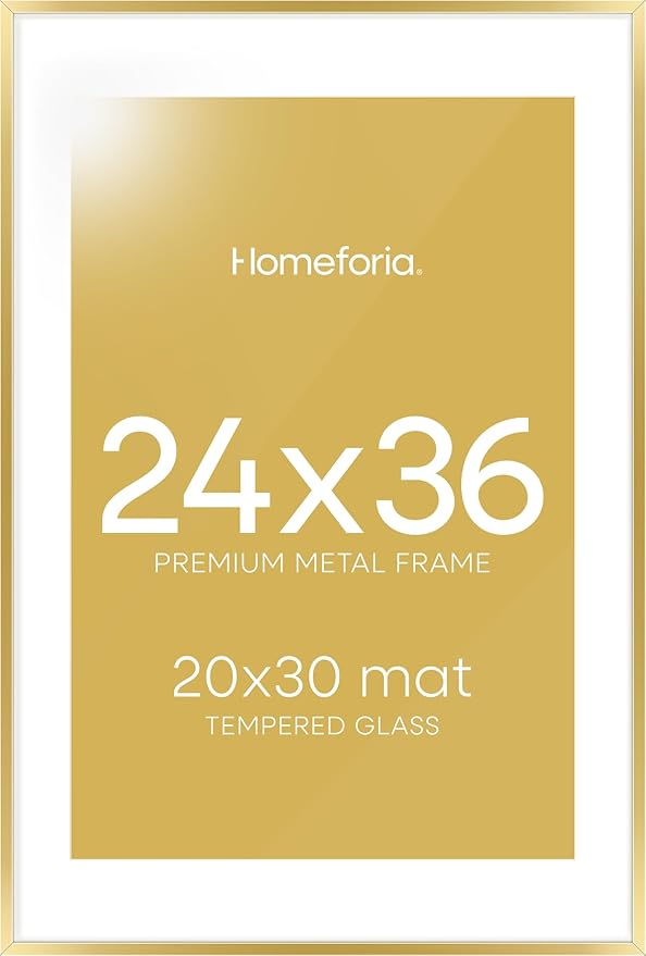 Homeforia 24x36 Gold Picture Frame, High End Metal 24 x 36 Large Poster Frames with Mat 20 by 30 inch Photo, 24x36 Gold Frame Matted to 20x30 for Print, 36x24 Frame, Tempered Glass, Wall Kit, Set of 1-Ruum Studio Home