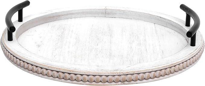 SwallowLiving White Wooden Beaded Serving Tray with Handle Decorative Rustic Whitewashed Tray for Coffee Table Farmhouse Round Tray for Kitchen, Living Room and Bedroom-Ruum Studio Home