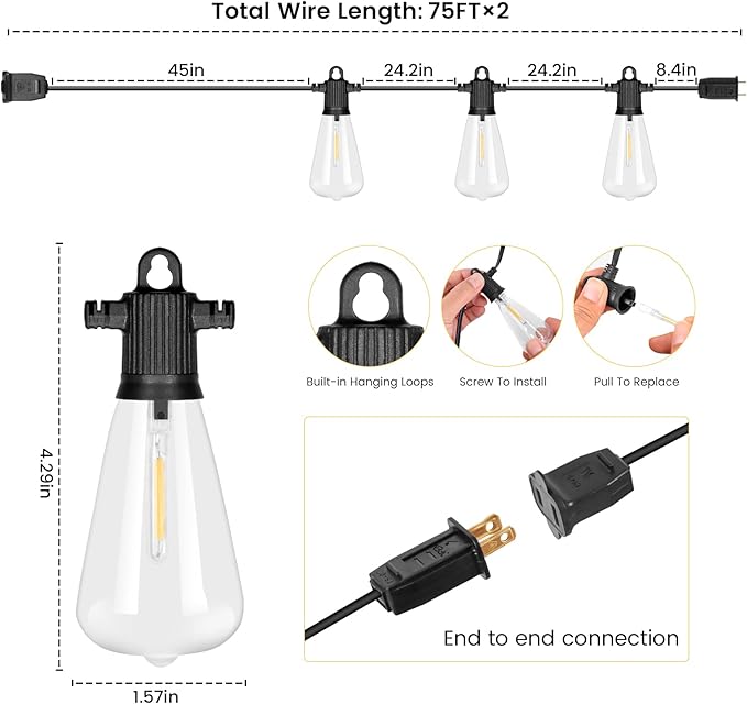 Outdoor String Lights, 150FT LED Patio Lights with 72+3 ST38 Vintage Edison Shatterproof Bulbs, Waterproof Connectable Dimmable Outside Hanging Lights for Backyard Bistro Porch Gazebo(75FTx2)-Ruum Studio Home