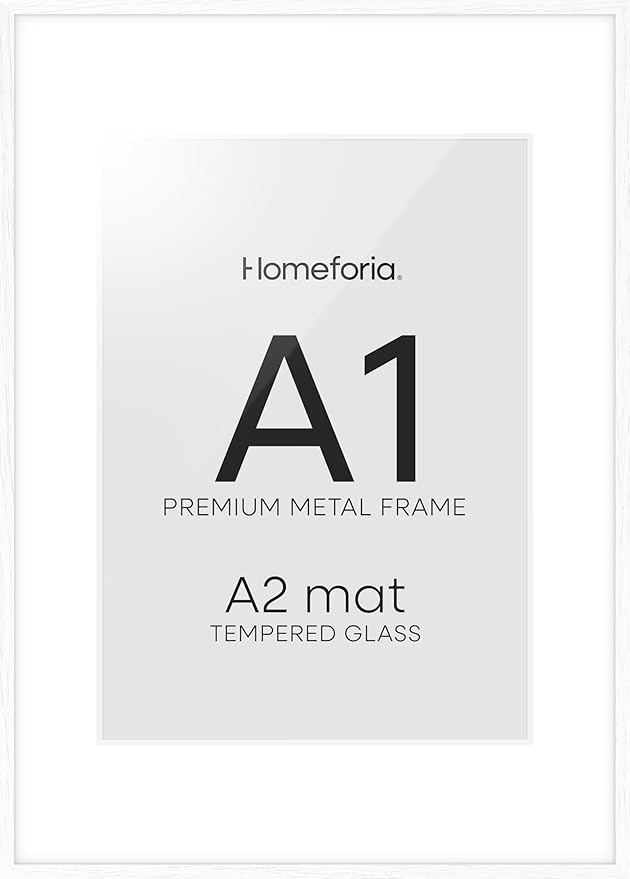 Homeforia A1 Frame White Wood, High End Oak 23.4 x 33.1 White Wooden Poster Frames Matted to 16.5 by 23.4 inches Photo, A1 Size Large Wood Picture Frame with Mat A2, Tempered Glass, Wall Kit, Set of 1-Ruum Studio Home