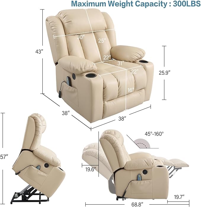 PARKOL Power Lift Recliner Chair for Elderly Breathable Leather Recliner Chair with Massage and Heat,2 Cup Holders,Electric Stand Assist,USB Ports,Gifts for Family (Grey)-Ruum Studio Home