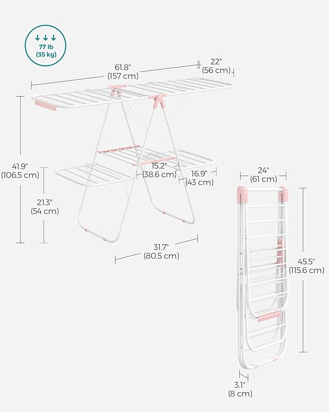 SONGMICS Clothes Drying Rack, Foldable 2-Level Laundry Drying Rack, Free-Standing Laundry Airer, with Height-Adjustable Wings, 33 Drying Rails, Sock Clips, White and Pink ULLR053P01V1-Ruum Studio Home