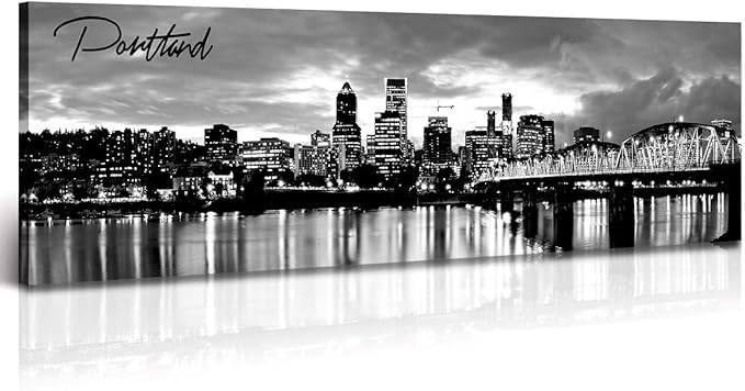 DJSYLIFE-Portland Skyline Canvas Print Modern City Landscape Wall Art USA Skyscraper Black and White Panoramic Night View Painting Office Living Room Home Decor Ready to Hang 13.8"x47.3"-Ruum Studio Home
