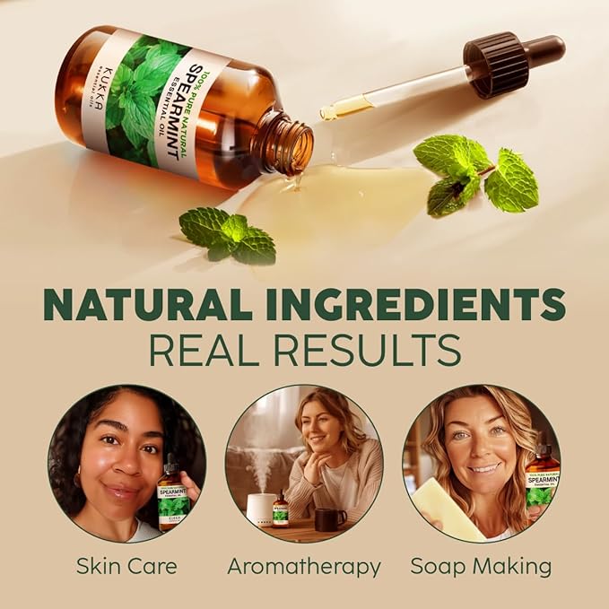 Kukka Spearmint Oil for Facial Hair - 4 Fl Oz - 100% Pure Natural Aromatherapy Spearmint Essential Oil for Skin & Hair Care, Diffuser, Bath Bombs, Soaps and Candles - Soap Making & DIY-Ruum Studio Home
