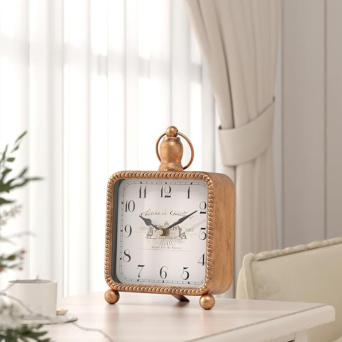 Vintage Gold Table Clock on Stand, Desk and Shelf Decor Clock, French Rustic Style Non-Ticking Mantel Clocks for Farmhouse, Living Room, Bedroom, Bedside, Gift (8.5" H x 5.5" W)-Ruum Studio Home