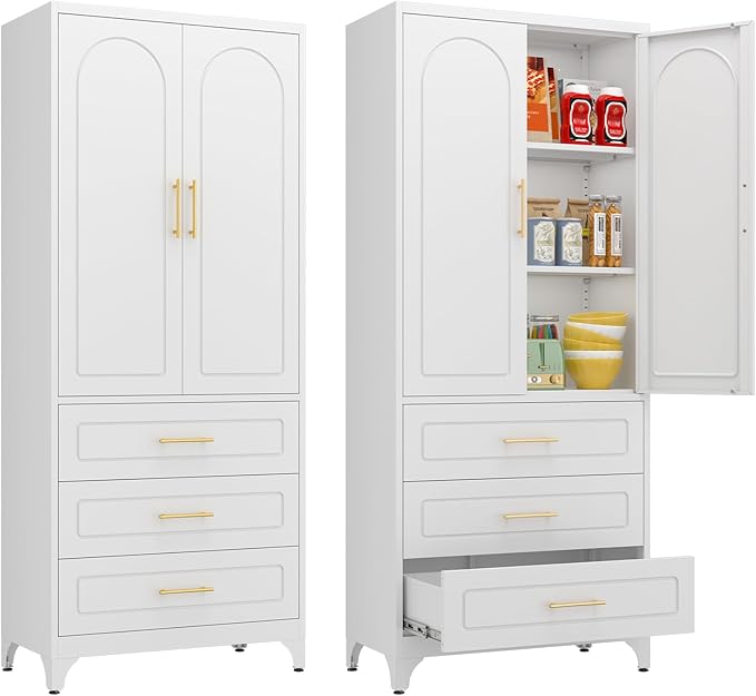 Kitchen Pantry Cabinet, 75" Tall Pantry Cabinet with Three Drawers, Freestanding Food Cupboard with Doors and Shelves, Metal Storage Cabinets for Dining, Living Room, White, Assembly Required-Ruum Studio Home
