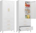 Kitchen Pantry Cabinet, 75" Tall Pantry Cabinet with Three Drawers, Freestanding Food Cupboard with Doors and Shelves, Metal Storage Cabinets for Dining, Living Room, White, Assembly Required-Ruum Studio Home