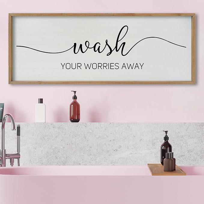 SRSZHIYUE Wash Your Worries Away Bathroom Sign Wall Art 40"x15" Funny Restroom Toilet Large Wood Framed Hanging Decor (Wood)-Ruum Studio Home