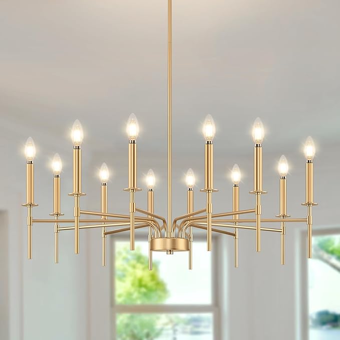 12 Light Gold Chandelier Light Fixture, Modern Farmhouse Chandeliers for Dining Room Light Fixture, Metal Candle Pendant Chandelier for Foyer Entryway Stairs Living Room Bedroom Kitchen-Ruum Studio Home