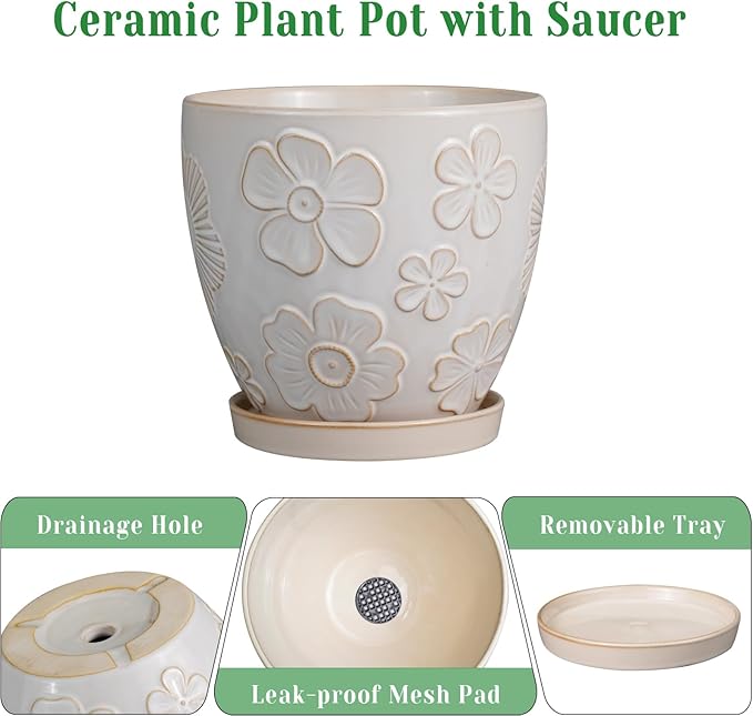 6.9 Inch Plant Pot with Drainage Hole and Saucer Ceramic Planter for Indoor Plant Flower Pot for Orchid Succulents Plants White-Ruum Studio Home