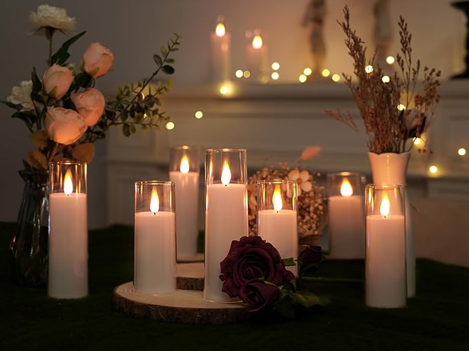 Amagic Pure White Flameless Candles, Battery Operated Candles, Acrylic Flickering LED Pillar Candles with Remote Control and Timer, 3D Wick, Yellow and Blue Glow, D2.2 xH5 6" 7", Set of 9-Ruum Studio Home