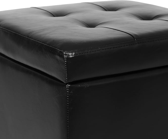 Adeco 17.7" Leather Ottoman with Wheels, Black Square Rolling Ottoman with Storage, Upholstered Button Tufted Vanity Stool with Hinged Lid for Living Room, Bedroom, Dorm-Ruum Studio Home