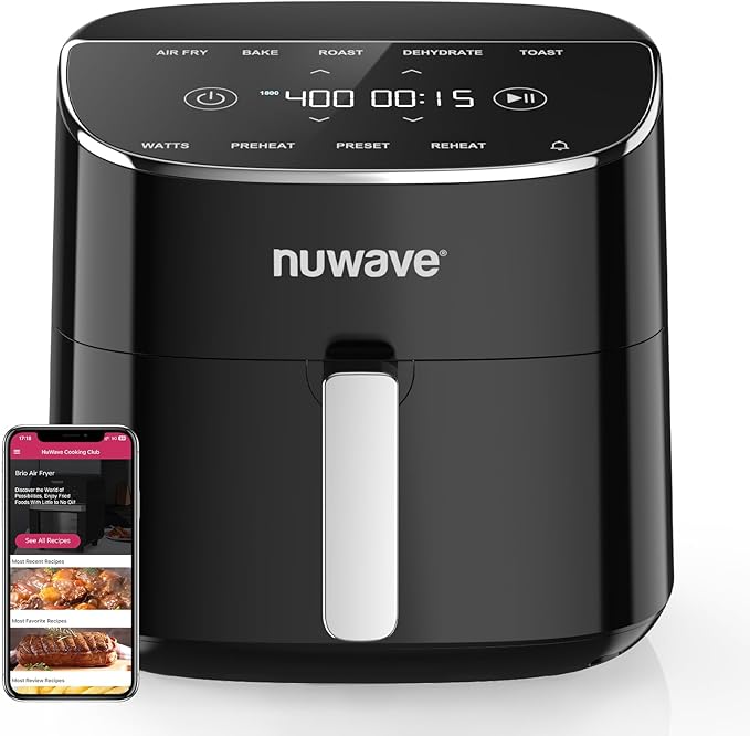 Nuwave Brio Plus Air Fryer 8 Qt, New & Improved, PFAS-FREE, 7 Digital One-Touch Cook Functions that AIR FRY, BAKE, ROAST, DEHYDRATE, TOAST, REHEAT, PREHEAT, 150 Presets, 50°F~400°F, 700/1500/1800W-Ruum Studio Home