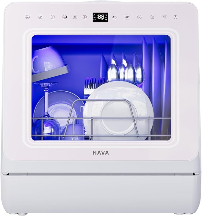 HAVA Countertop Dishwasher with Water Softener and Enhanced Energy Efficiency, Portable Dishwasher with 8 Wash Programs, Child Lock & Delayed Start Function, No Installation Needed - Misty Lilac-Ruum Studio Home