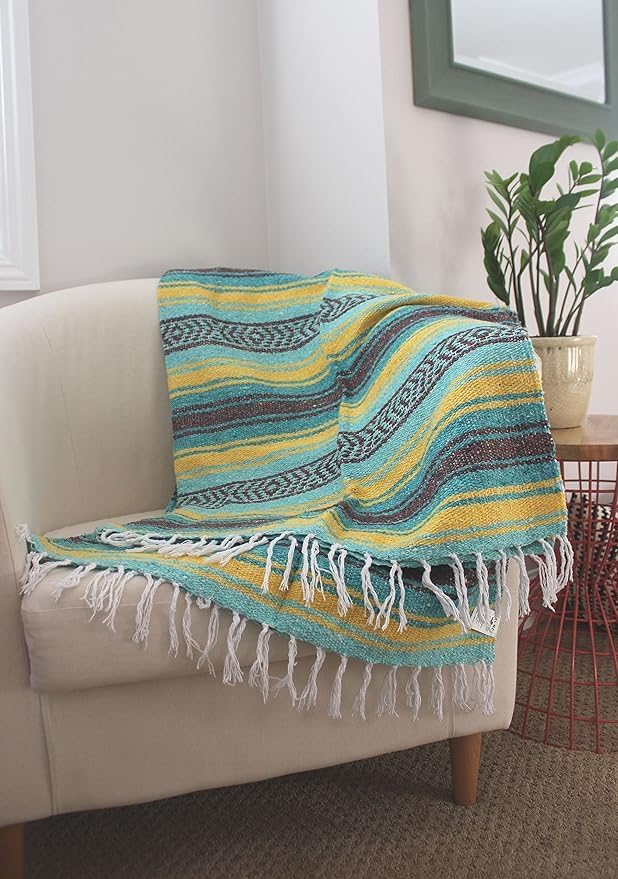 Del Mex Classic Mexican Blanket, Large Authentic Woven Falsa Throw (70"x50"), Artisan Southwest Décor for Beach, Yoga, Outdoors (Teal/Yellow)-Ruum Studio Home