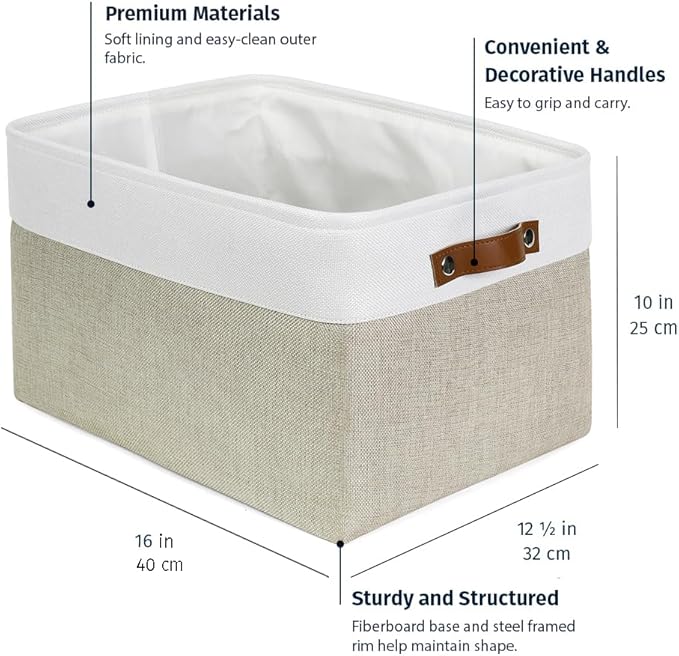 OrganiHaus Extra Large Fabric Storage Bins for Shelves 16x13in, Closet Storage Baskets for Shelf Organizing, Canvas Rectangle Bins for Organization, Linnen Baskets for Organizing - Beige/Off-White-Ruum Studio Home