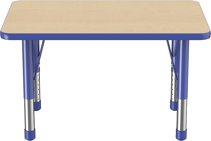 FDP Rectangle Activity School and Classroom Kids Table (24 x 36 inch), Chunky Toddler Leg, Adjustable Height 15-24 inches - Maple Top and Blue Edge-Ruum Studio Home
