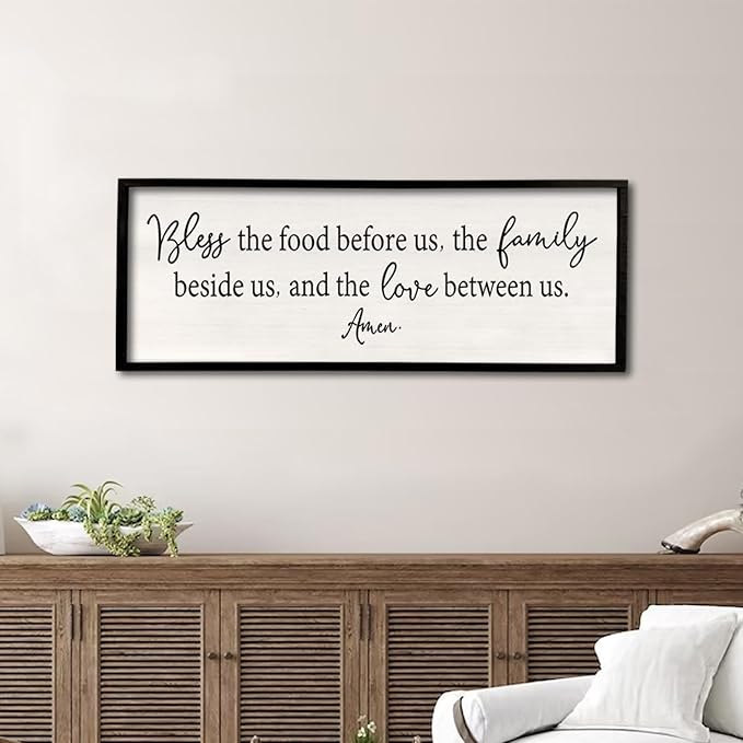 Bless the Food Before Us Sign Wall Decor 32''×12'' Large Farmhouse Dining Room Wall Decor Framed Wood Rustic Home Wall Art Kitchen Decoration (Black)-Ruum Studio Home