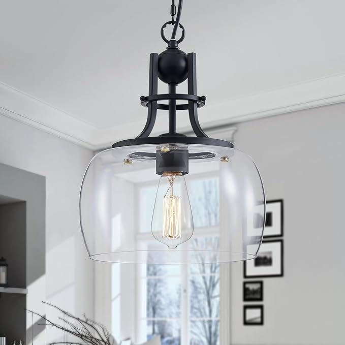 WUZUPS Chandelier Rustic Farmhouse Industrial Round Ceiling Pendant LED Light Fixture with Clear Glass Shades for Dining Room Kitchen Island Foyer Entryway, H 13" x W 10", E26 Base, Black-Ruum Studio Home