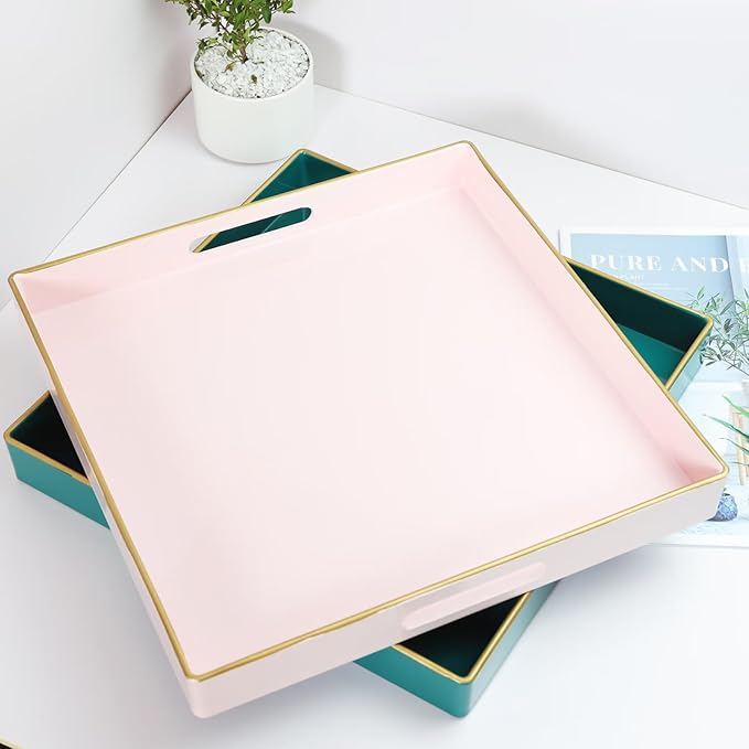 Spsyrine Pink Decorative Serving Tray with Handles, 13" X 13" Square Plastic Coffee Table Tray for Ottoman, Living Room, Bathroom, Home Decor.-Ruum Studio Home