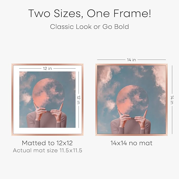 Homeforia 14x14 Picture Frame Rose Gold, High End Metal 14 x 14 Square Poster Frame with Mat 12 x 12 Photo, 14x14 Frame Matted to 12x12 Print, 14by14 Hanging Frames, Tempered Glass, Wall Kit, Set of 1-Ruum Studio Home