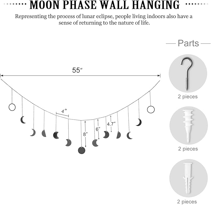 Mkono Moon Phase Wall Hanging Boho Aesthetic Room Decor Metal Moons Garland Hanging Art Bohemian Home Decoration for Girls Room Nursery Bedroom Livingroom Dorm, Ideal, Black, 55"-Ruum Studio Home
