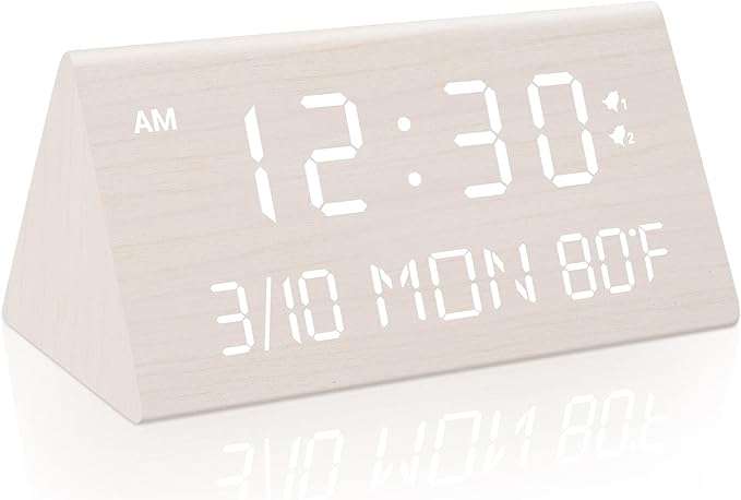 Kogonee Wooden Digital Alarm Clock, 0-100% Dimmer, 2 Alarm Settings, Weekday/Everyday Mode, 9 Mins Snooze, 12/24H, Temperature and Date Display for Office, Travel, Bedroom Alarm Clock (White)-Ruum Studio Home