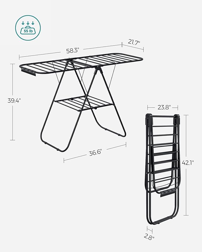 SONGMICS Clothes Drying Rack, with Sock Clips, Metal Laundry Rack, Foldable, Space-Saving, Free-Standing Airer, with 2 Height-Adjustable Gullwings, Indoor Outdoor Use, Black ULLR052B01-Ruum Studio Home