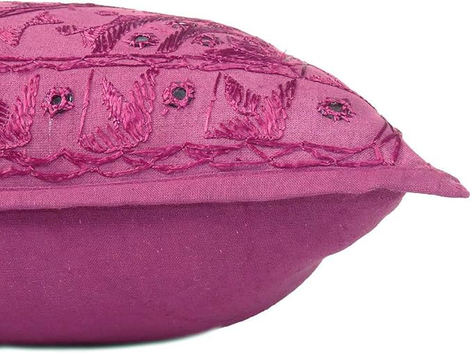 Eyes of India Embroidered Decorative Boho Throw Pillow Cover with Mirrors, Handmade Bohemian Accent Cushion Case for Sofa Couch Bedroom Living Room (Burgundy, 24" x 24")-Ruum Studio Home