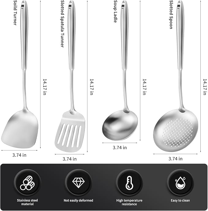 15" Wok Spatula and Ladle,Skimmer Spoon, Slotted Turner Spatula,304 Stainlss Steel Matte Kitchen Utensils Set,4PCS Wok Accessories,Cooking Utensils Tools-Ruum Studio Home
