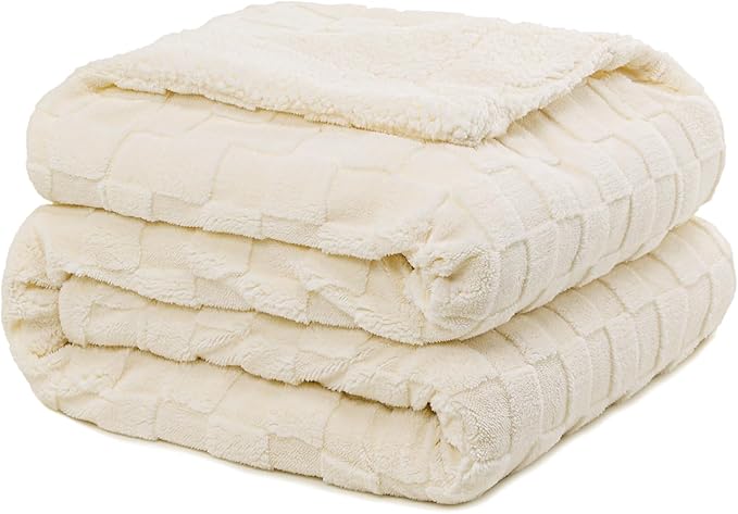 Pawque Super Soft Cozy Throw Blanket for Couch Bed - Fluffy Sherpa Fleece Reversible Thick Warm Fuzzy Blanket for All-Season, 3D Checkered Jacquard Elegant Decorative Blankets, Cream White, 50" x 60"-Ruum Studio Home