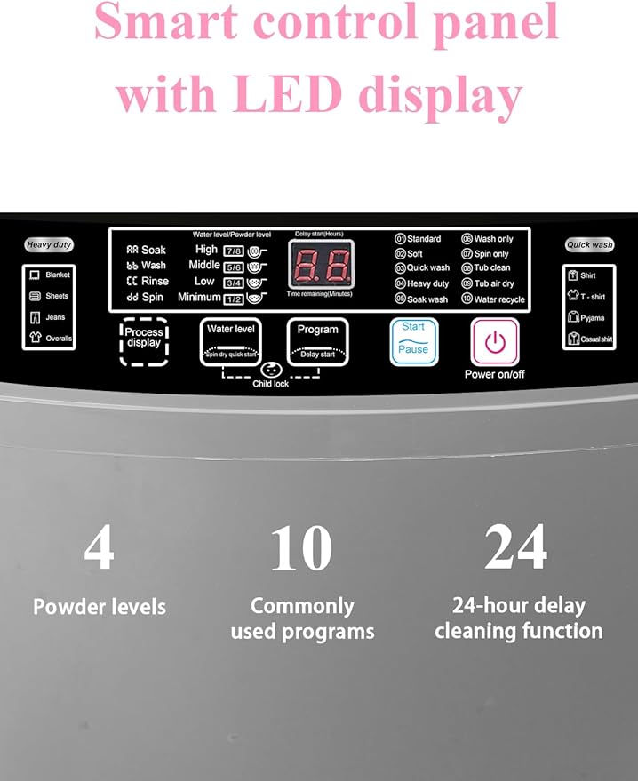 Full Automatic Washing Machine with LED Display, 25 lbs Portable Washer Drain Pump, 10 Programs & 8 Water Levels Selections, Ideal for RV, Camping, Apartment, Dorm, Dark Grey-Ruum Studio Home