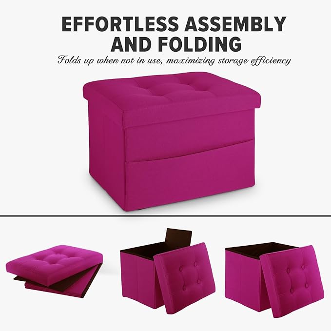 LINMAGCO Storage Ottoman Folding Foot Stool Foot Rest with Side Pocket Modern Ottoman with Storage Short Sofa Stool Linen Cloth 17x13x13(ROSEO)-Ruum Studio Home