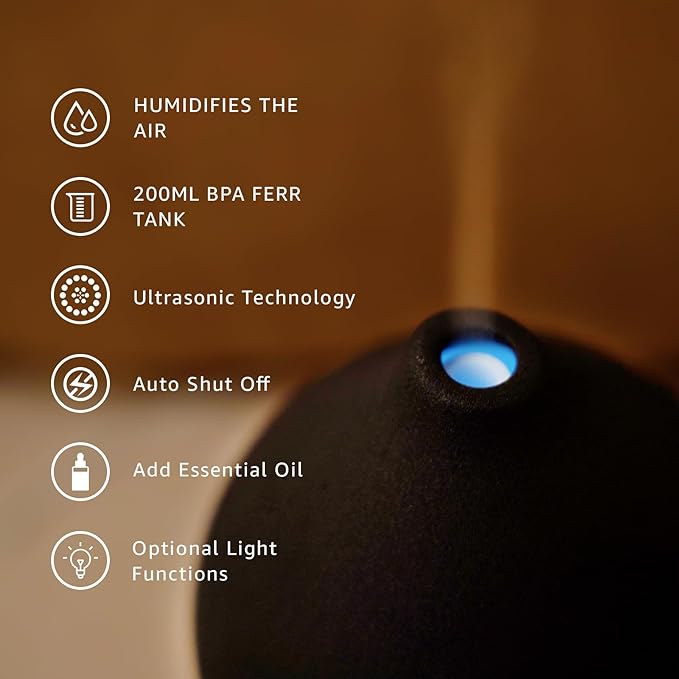 200ML Ceramic Essential Oil Diffuser - Ultrasonic Aromatherapy & Humidifier with 7-Color LED Lights, Auto Shut-Off, Black, 1H/3H/6H Timer | Scent for Home, Office, Yoga-Ruum Studio Home