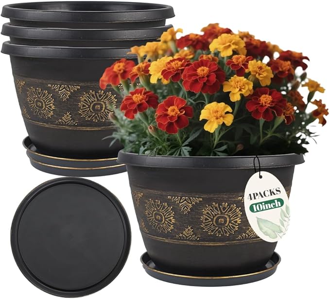 4 Pack 10 inch Plant Pots, Retro Pattern Planters with Drainage Holes and Saucer, Sturdy Plastic Garden Flower Pots for Indoor & Outdoor Plants-Ruum Studio Home