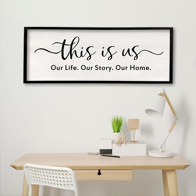 This is us Wall Decor Sign 32'' x 12'' Large Master Bedroom Home Life Story Wood Framed Vintage Family Sign Rustic Plaque Living Room Minimalist Farmhouse Hanging Wall Art (Black)-Ruum Studio Home