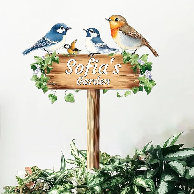 Personalized Colorful Bird Metal Sign with Stake,Custom Gardener Last Name Signs Outdoor Decorate,Customized Garden Accessories Decor for Mother,Birds on the Branch Plaques for Patio Lawn Porch Yard-Ruum Studio Home