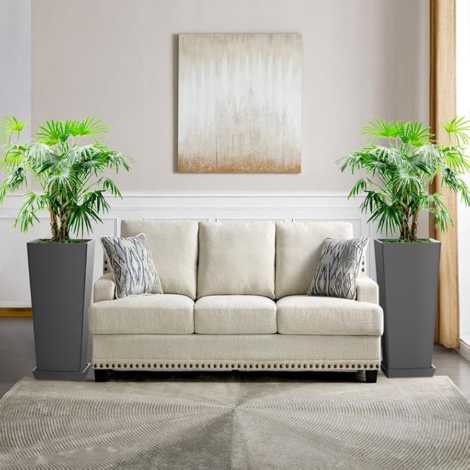 FENCY Set of 2 Tall Planters for Outdoor Plants, 24 Inch Large Tapered Pots with Drainage Trays, Weather-Resistant Plastic Plant Containers for Patio, Porch, Garden, Front Door Decor,Gray-Ruum Studio Home