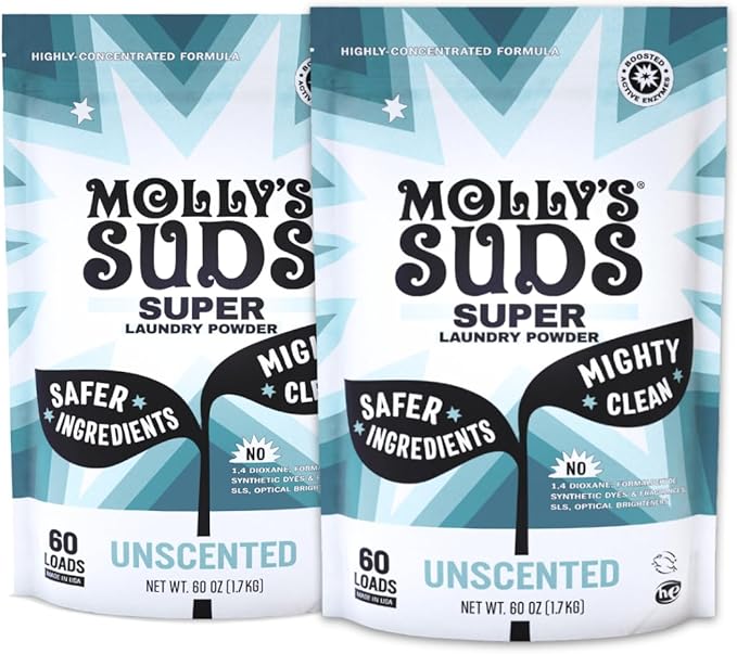 Molly's Suds Unscented Super Powder Detergent | Extra Strength Laundry Soap, Stain Fighting | Sensitive Skin | Simple, Effective Ingredients | 120 Loads Total (2 Pack)-Ruum Studio Home